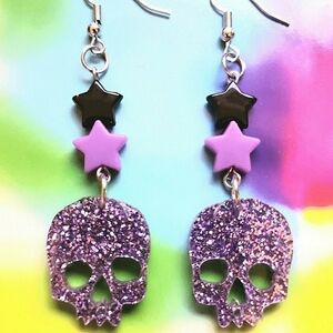 Handmade Purple and Black Halloween Star Glitter Skull Dangle Earrings